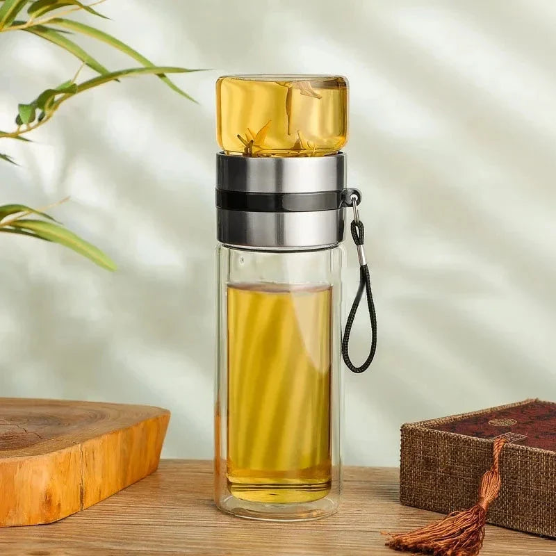 400ml Double Layer Glass Tea Infuser Bottle with Stainless Steel Infuser and Wooden Accent