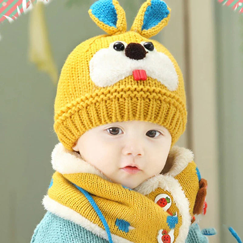 A soft, premium woolen hat for babies with a charming cartoon pattern, keeping them warm and cozy during cold weather.