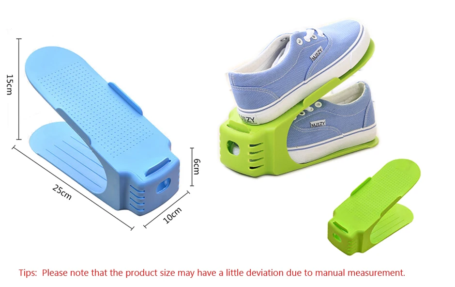 A pair of Twin-Stand™ Shoe Racks in various colours, holding multiple pairs of shoes in a compact, stacked design.