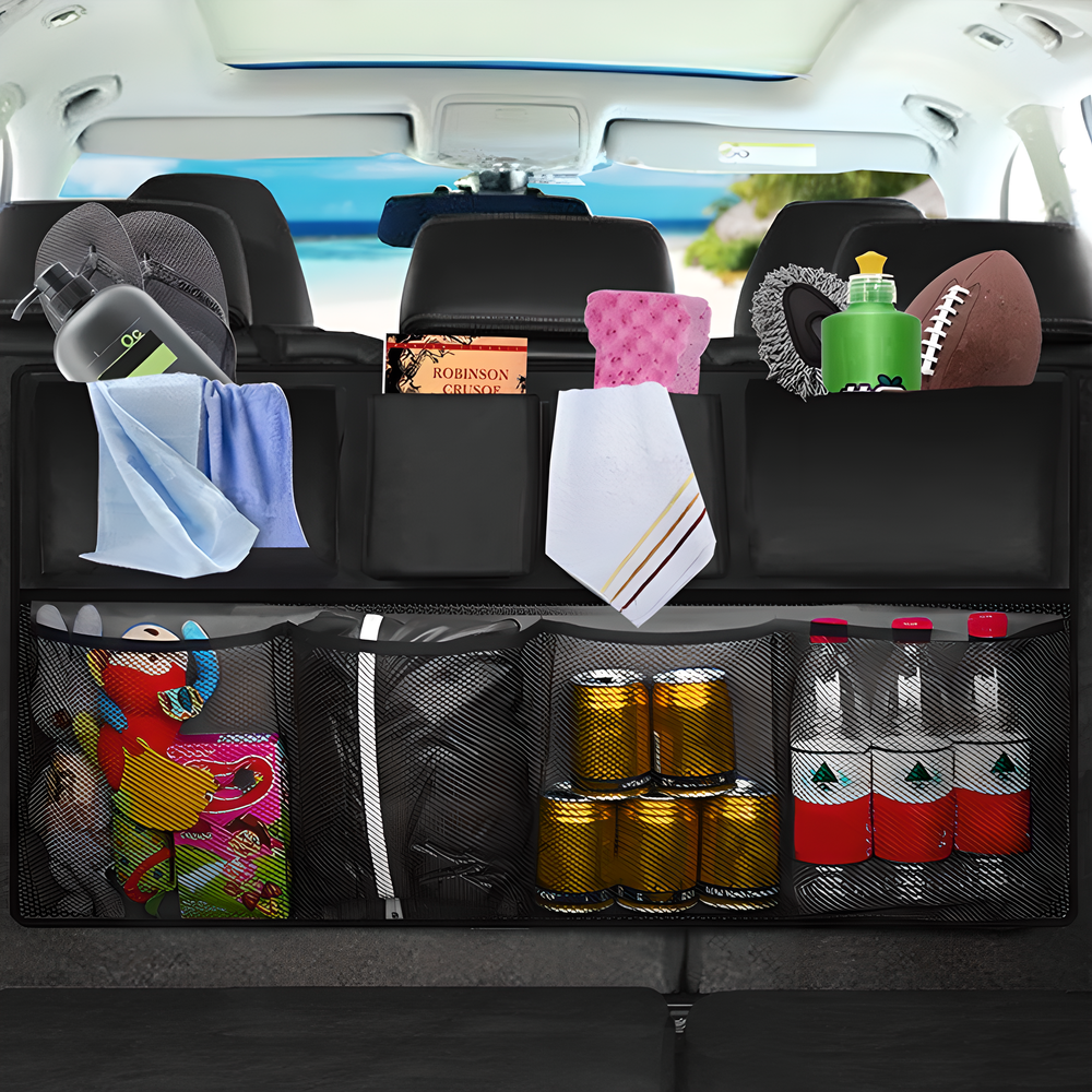 Universal car boot organiser made of durable Oxford cloth with adjustable Velcro straps to fit any vehicle