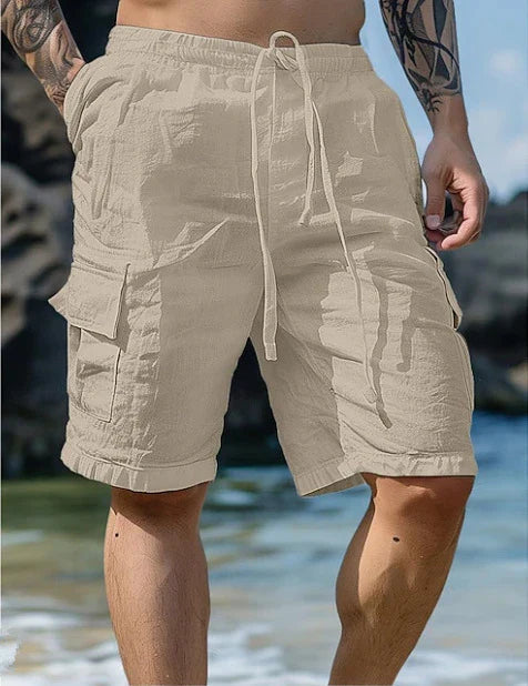 Cotton linen shorts with drawstring elastic waist and straight leg, available in various colors for casual summer style