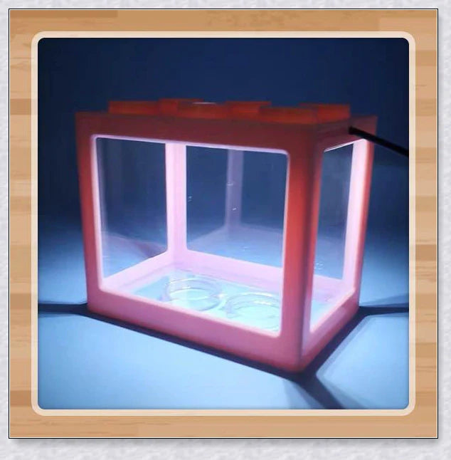 Stackable InspireHOME Mini Block Aquarium with LED lighting, showcasing various color options and configuration possibilities