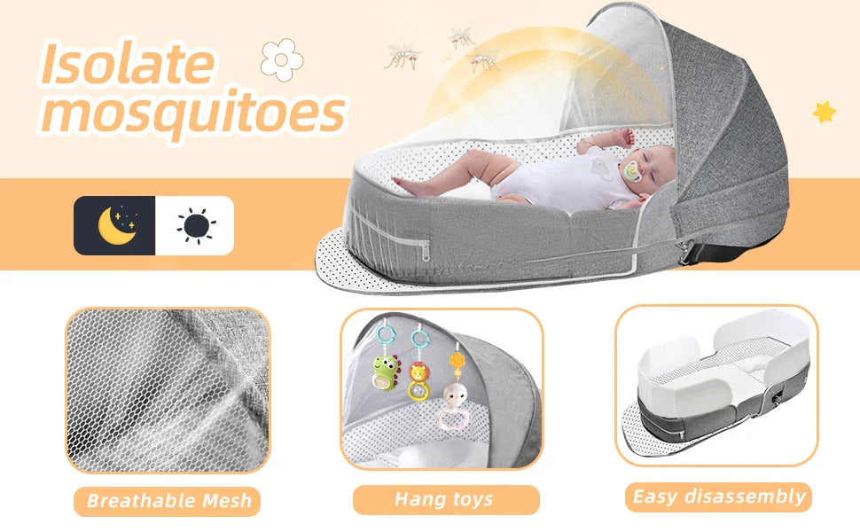 Portable Baby Bed with Mosquito Net and Sun Canopy for Safe and Comfortable Travel with Kiwi Families