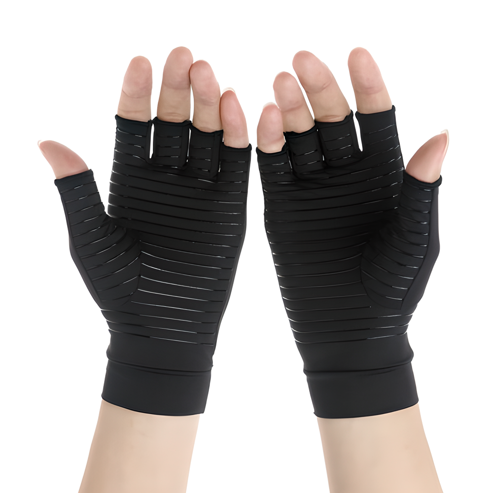 Cosy copper compression gloves designed to relieve arthritis pain and keep hands warm