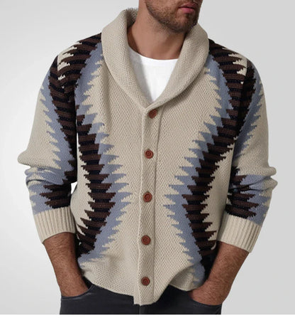 Warm, cozy knitted sweater in classic khaki hue with jacquard pattern, perfect for Kiwi men