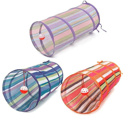 Collapsible cat tunnel made of durable, lightweight cloth for hours of feline fun and exercise