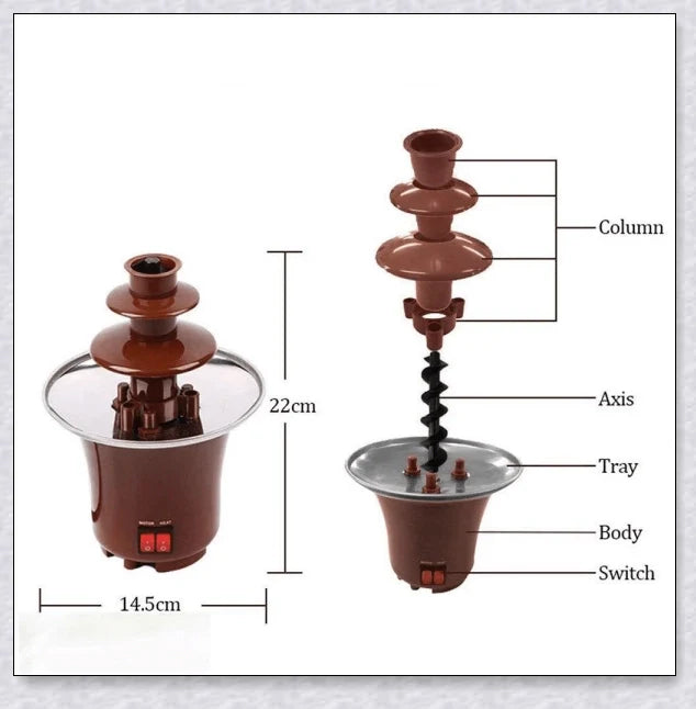 A 3-tier chocolate fondue fountain creating a mesmerizing chocolate waterfall, perfect for dipping a variety of sweet treats.