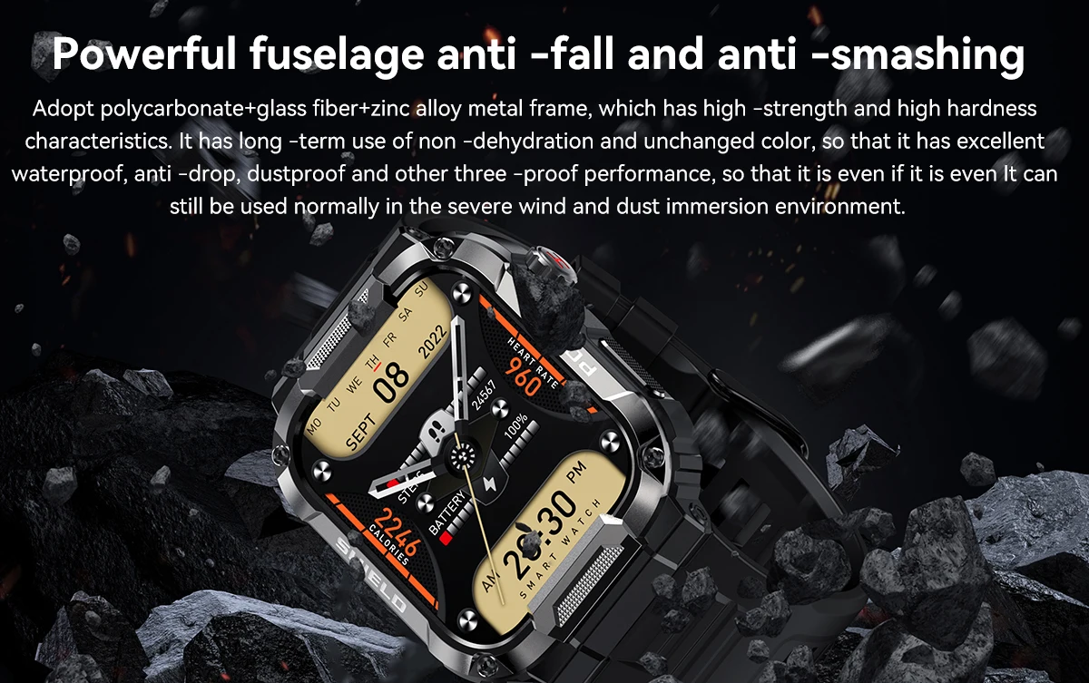 Rugged military-grade smartwatch with anti-smash and anti-fall design, real-time weather forecasts, and advanced health monitoring features