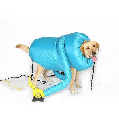 A dog drying bag made of Oxford cloth that uses a hair dryer to quickly and effectively dry a wet dog.