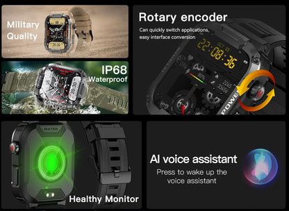 Rugged military-grade smartwatch with anti-smash and anti-fall design, real-time weather forecasts, and advanced health monitoring features