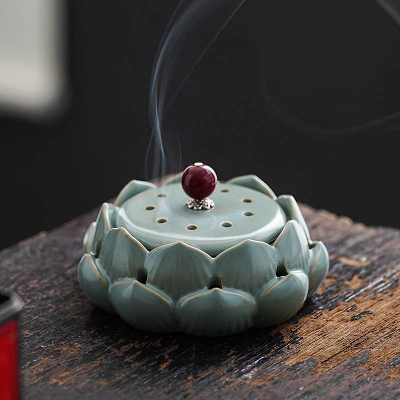 Elegant Lotus Ceramic Incense Burner, a beautifully crafted home accessory that enhances ambiance and tranquility.