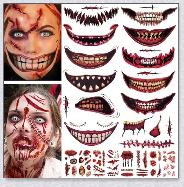 Set of 12 Halloween-themed temporary tattoo stickers in various spooky designs