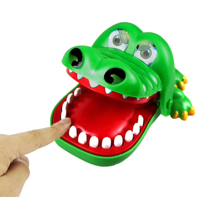 Vivid green crocodile with big eyes, wide open mouth, and sharp teeth - the Crocodile Dentist Game challenges players to carefully pull out the sore teeth using special tongs.