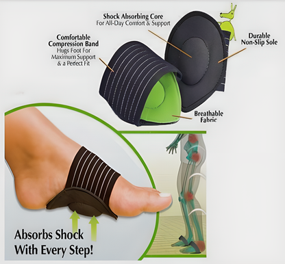 Cushioned foot arch shock absorbers with compression band for all-day pain relief