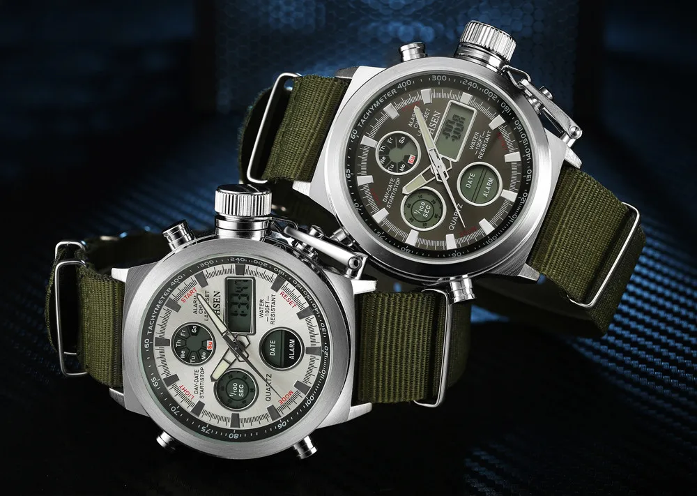 Digital Canvas Strap Army Watch with stainless steel case and canvas strap, available in black and silver colors