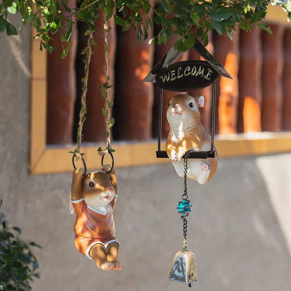 A charming resin rabbit garden pendant decoration with intricate hand-painted details, perfect for adding whimsy and enchantment to outdoor spaces.