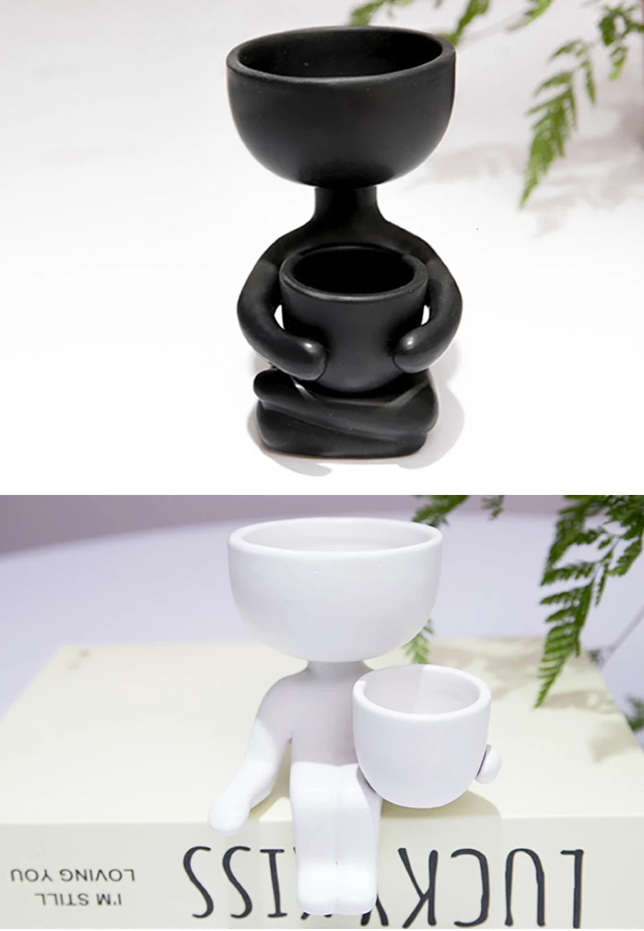 Stylish ceramic planter in black or white, featuring a unique humanoid design perfect for growing indoor plants