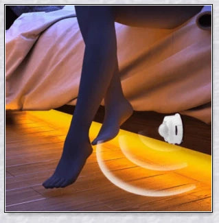 Cosy under-bed motion-activated LED light strip provides soft, guiding illumination in the dark