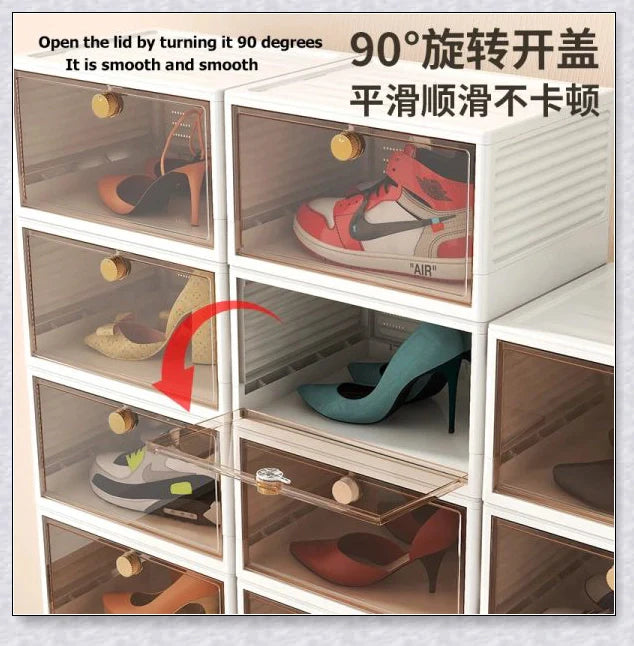 Spacious, foldable shoe storage box with clear plastic door panel for easy visibility and organisation