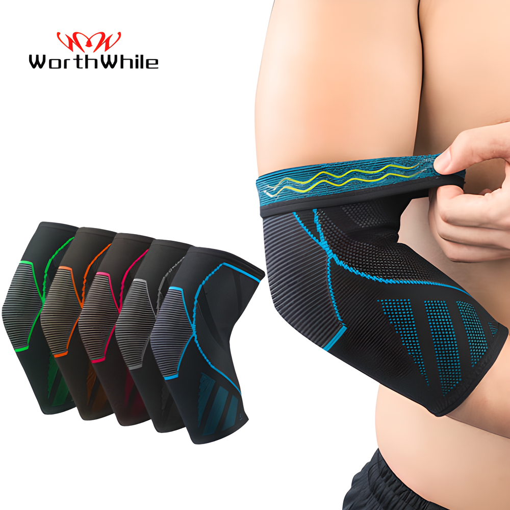 Ergonomic elbow compression sleeve in various colours, designed for injury recovery and joint protection