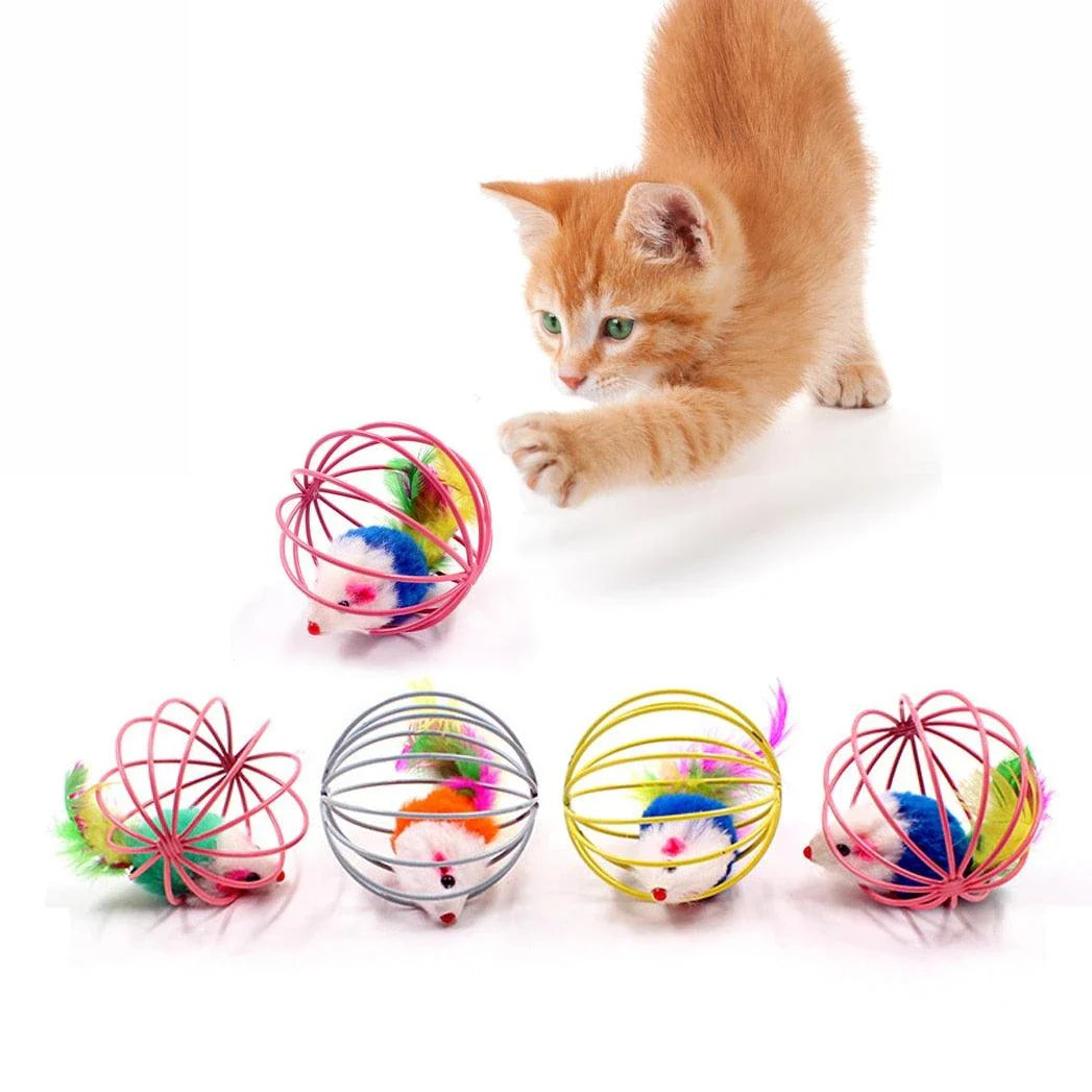 The Interactive Cat Toy Feather with a green feather and sturdy plastic ball, designed to engage cats in energetic play and satisfy their natural hunting behaviours.