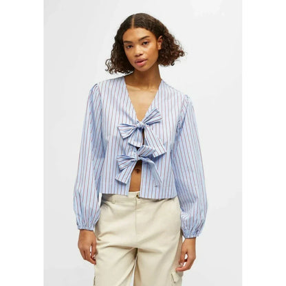 Elegant Striped Print V-neck Blouse with Lace-Up Detail and Captivating Design