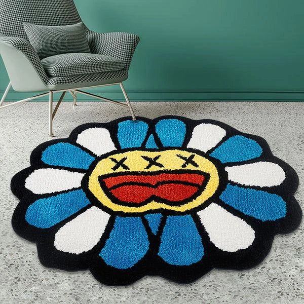 Cheerful smiley face tufted rug with vibrant pink and blue colors, providing a cozy and comfortable floor covering for any room in a Kiwi home.