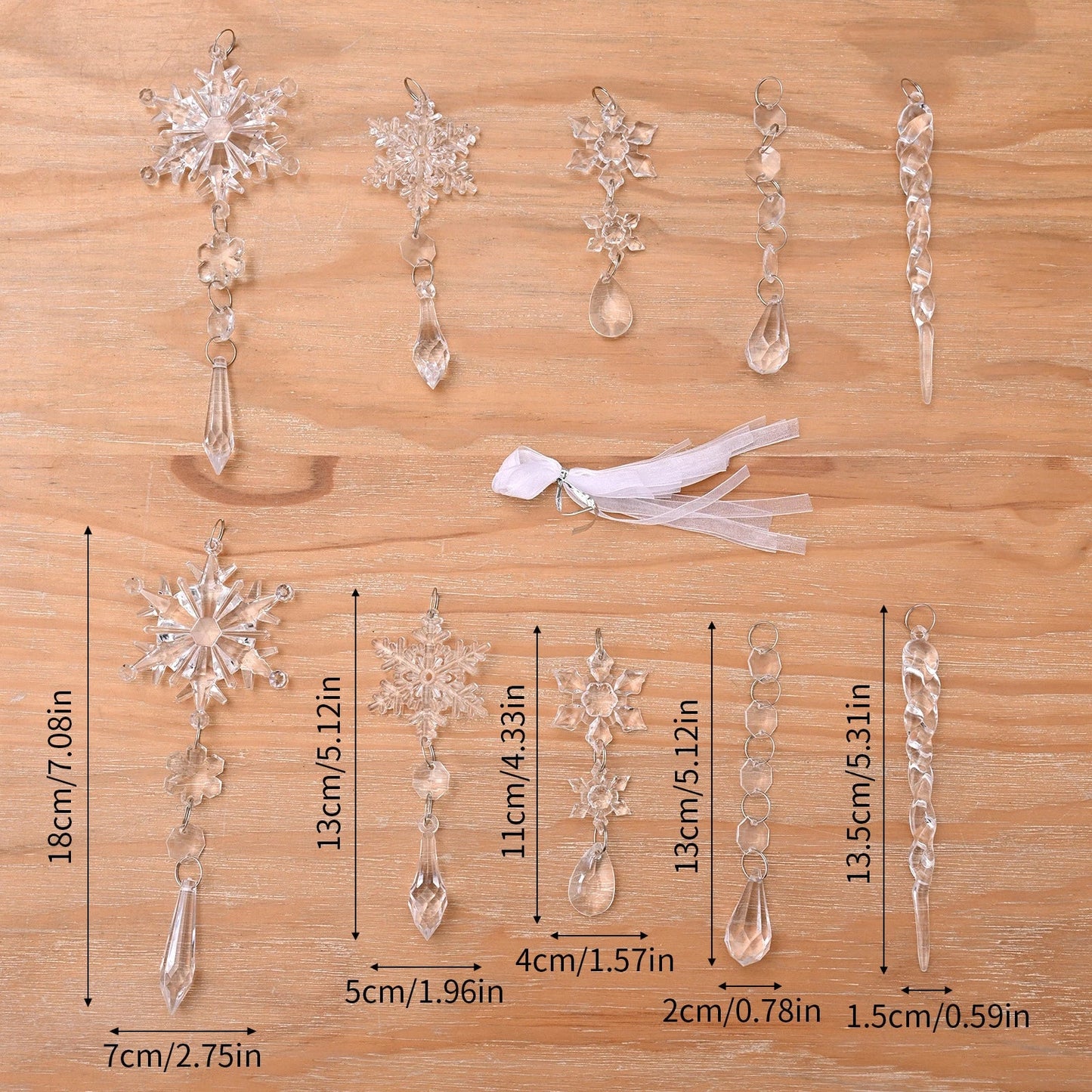 Clear acrylic icicle ornaments with hanging holes, perfect for decorating Christmas trees and creating festive DIY projects in New Zealand