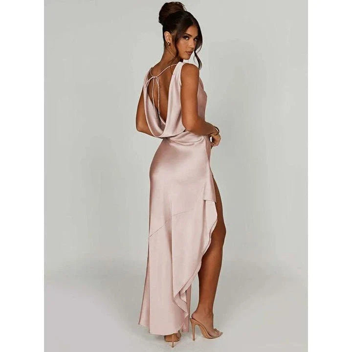 Elegant satin backless maxi dress with a V-neck and sleeveless design, perfect for formal events in New Zealand.