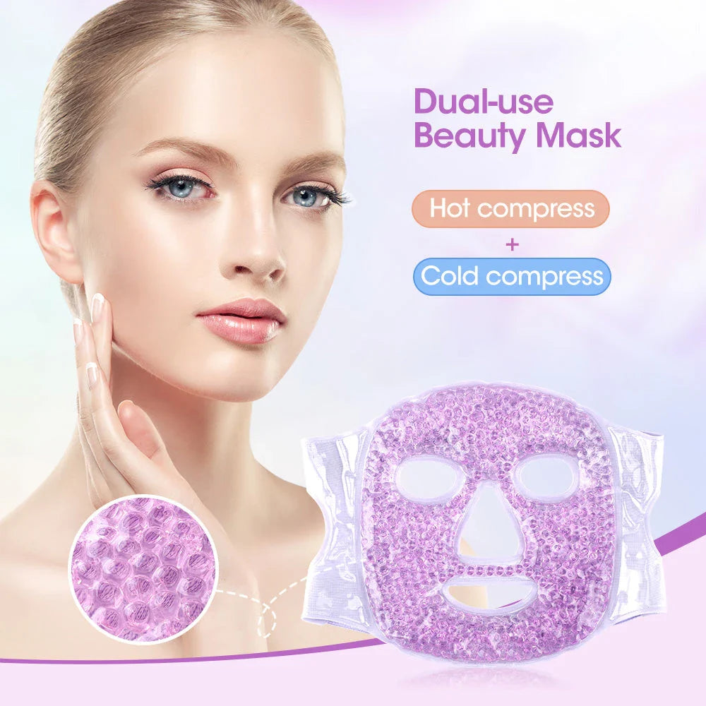 A purple hot and cold compress beauty mask made of soft suede fabric with adjustable design for comfortable facial care.