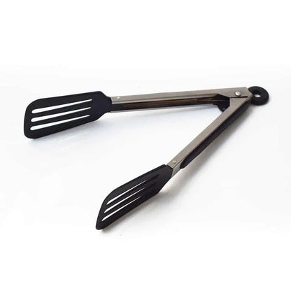 Black stainless steel BBQ tongs with a modern and sleek design, perfect for grilling and outdoor cooking.