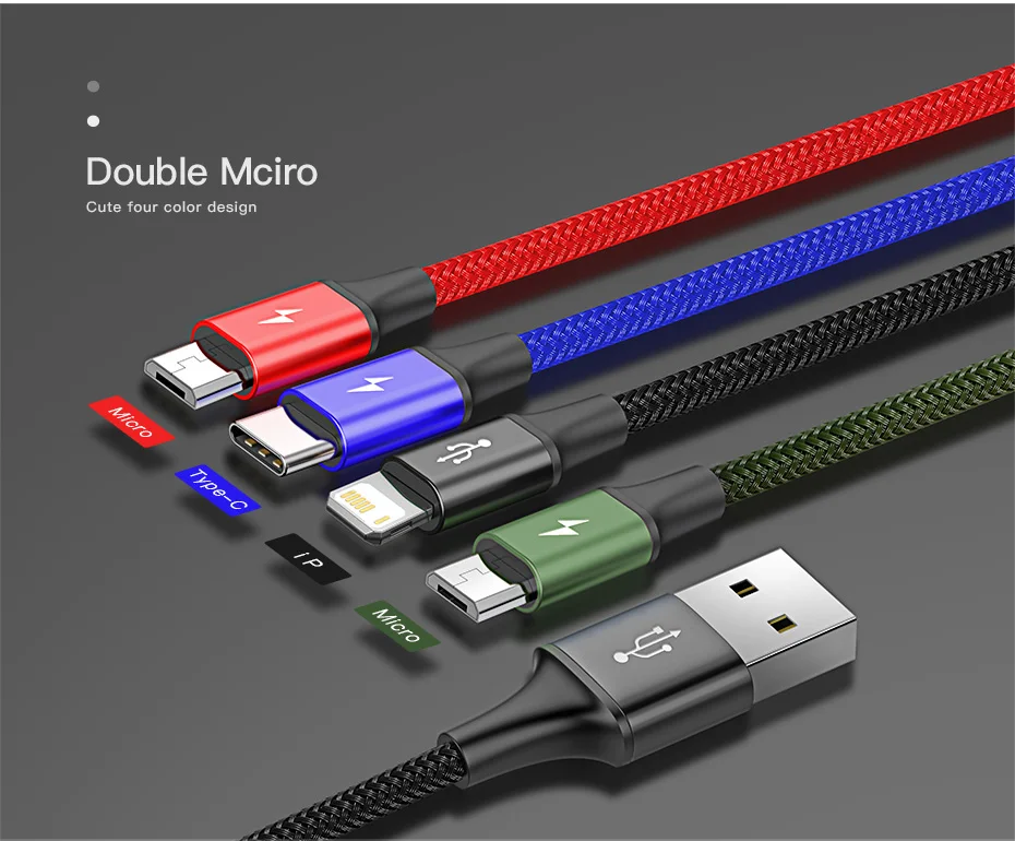 Baseus 4-in-1 Charging Cable with colour-coded connectors for iPhone, Type-C, and Micro USB devices