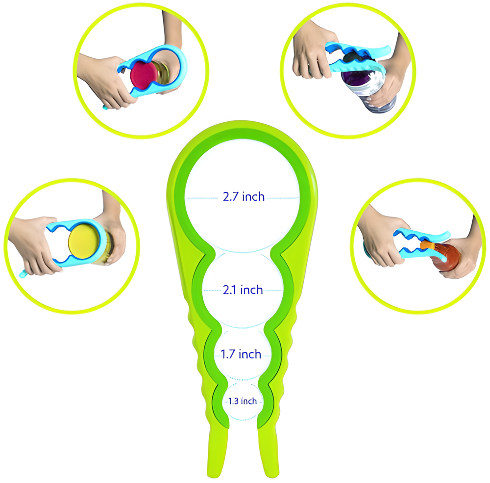 Versatile 4-in-1 Bottle and Jar Opener - a multi-purpose kitchen tool with 4 different sized openings to fit a wide range of lids and caps