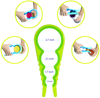 Versatile 4-in-1 Bottle and Jar Opener - a multi-purpose kitchen tool with 4 different sized openings to fit a wide range of lids and caps