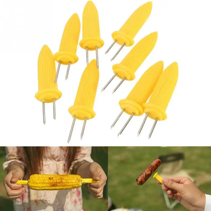 Premium stainless steel corn holders in vibrant yellow colour, perfect for outdoor BBQs and gatherings in New Zealand