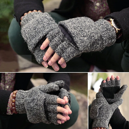 Warm and convenient woollen fingerless gloves with flip-top mittens in a range of neutral colours