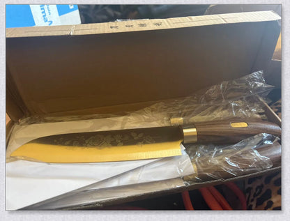 Titangold Designer Titanium Kitchen Knife Set with premium stainless steel blades and innovative titanium coating for enhanced corrosion resistance and durability.