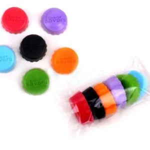 Assortment of colourful silicone wine bottle caps in red, blue, green, yellow, purple, and pink shades, designed to preserve freshness and add a touch of Kiwi style to your home.