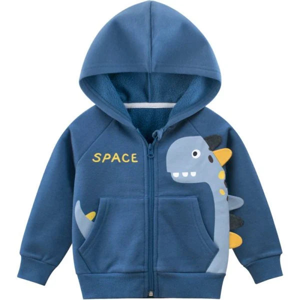 A boy's hooded jacket with a vibrant dinosaur print, designed for active New Zealand kids to stay warm and comfortable.