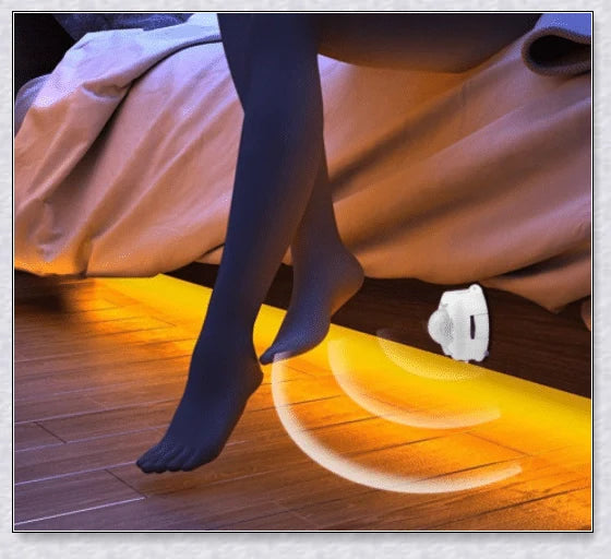 Cosy under-bed motion-activated LED light strip provides soft, guiding illumination in the dark