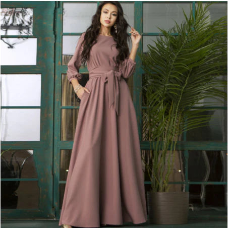 Elegant A-Line long dress with lantern sleeves, featuring a unique collage and splicing design in a timeless pure colour