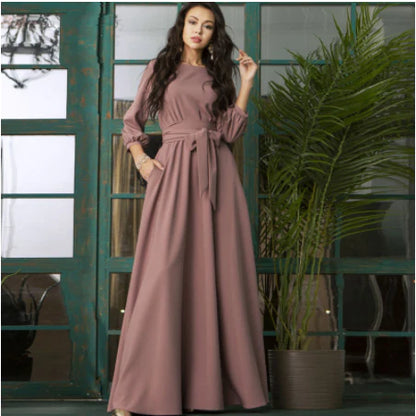 Elegant A-Line long dress with lantern sleeves, featuring a unique collage and splicing design in a timeless pure colour