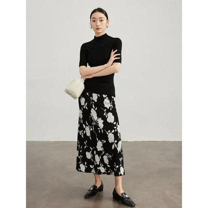 Elegant floral jacquard woollen knit skirt in a mid-calf length, designed for warmth and style during New Zealand's chilly winters.