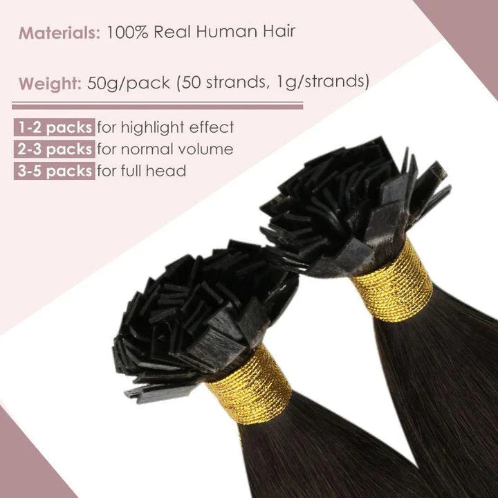 Flat Tip Human Hair Extensions from Trendha in a range of lengths and colors, providing volume, length, and vibrant styling options.