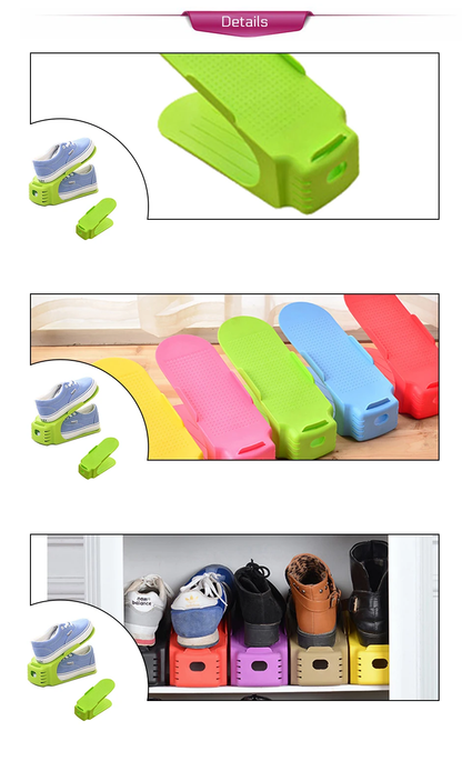 A pair of Twin-Stand™ Shoe Racks in various colours, holding multiple pairs of shoes in a compact, stacked design.