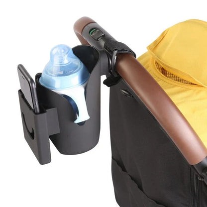 Black Baby Stroller Cup Holder with Phone Stand - Kiwi-Made Accessory for Hands-Free Convenience