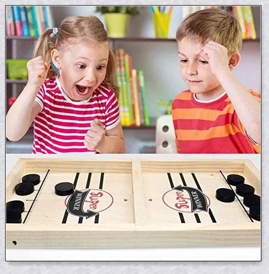 A hand-crafted wooden hockey game with rubber band-powered pucks, perfect for family bonding and screen-free fun in New Zealand