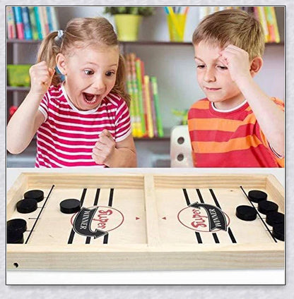 A hand-crafted wooden hockey game with rubber band-powered pucks, perfect for family bonding and screen-free fun in New Zealand