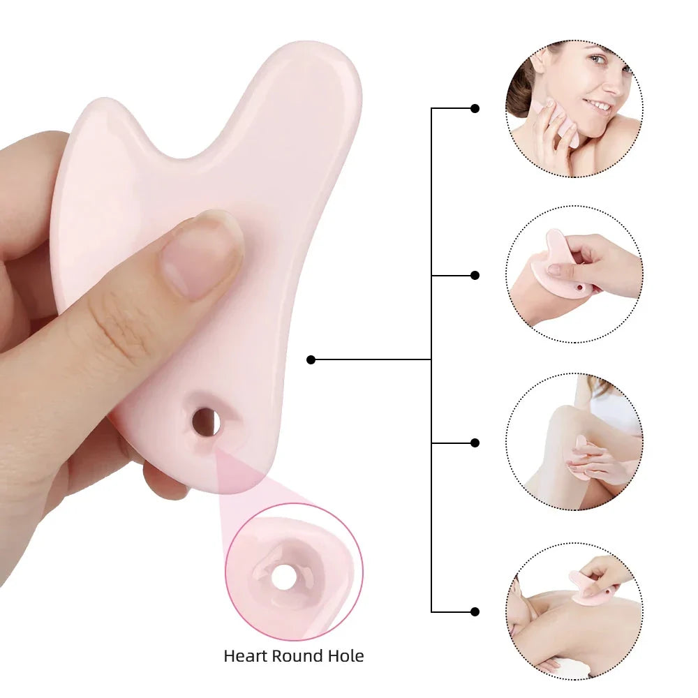 Ceramic Gua Sha Face Massager in various colors - Pink, Blue, and White - for skin rejuvenation and relaxation