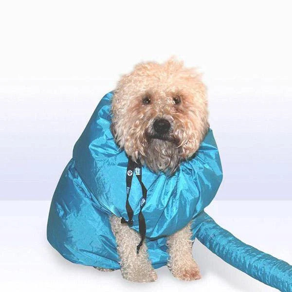 A dog drying bag made of Oxford cloth that uses a hair dryer to quickly and effectively dry a wet dog.